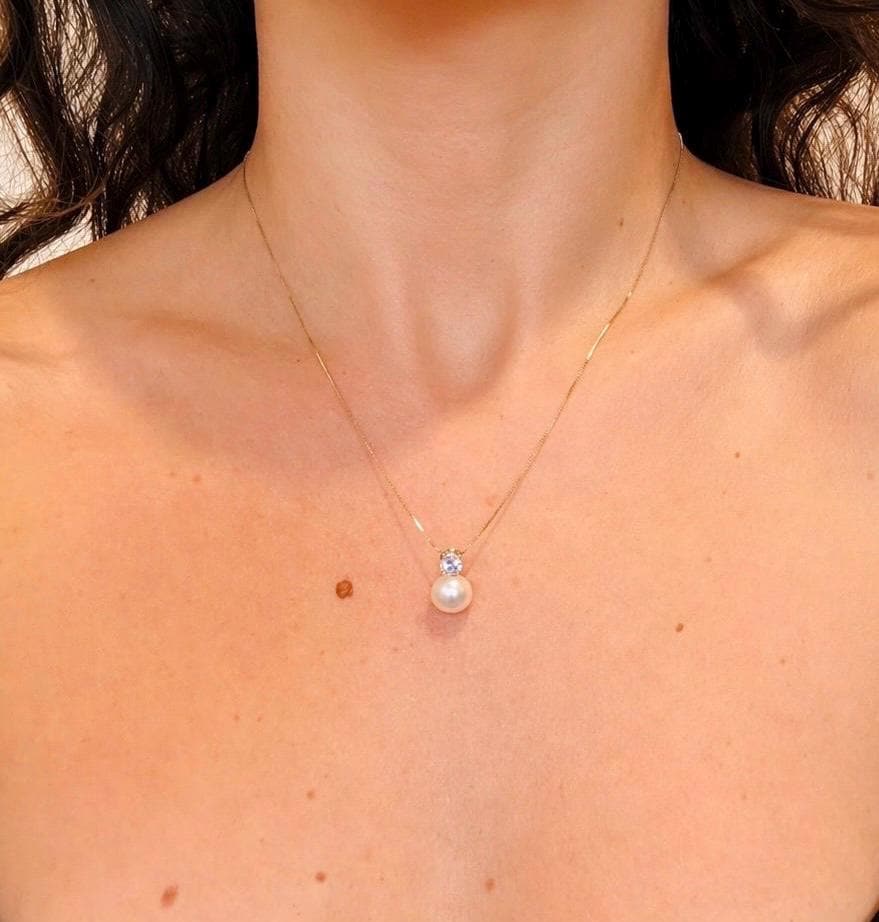 Freshwater Pearl Zircon Pendant, 925 Sterling Silver Chain, Dainty Minimalist Jewelry, Bridal Bridesmaid Accessory