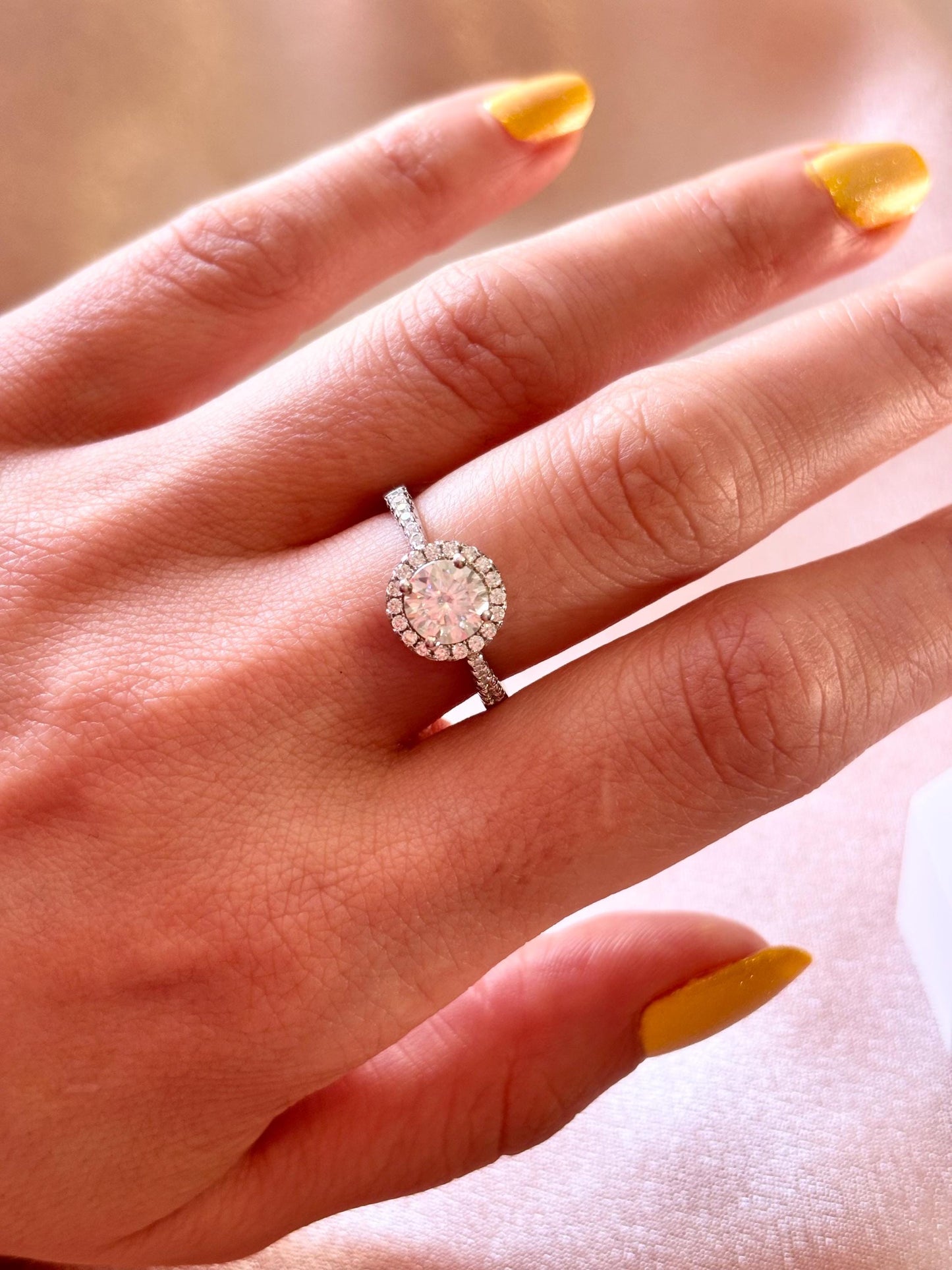 Halo Moissanite engagement Ring. 1 Carat Sterling Silver Bridal Jewelry. Lab Grown Diamond Alternative