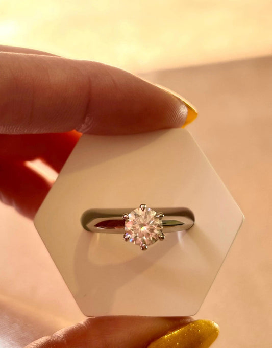 Moissanite Halo Engagement Ring, 1 Carat Sterling Silver Ring, Classic Solitaire Style.