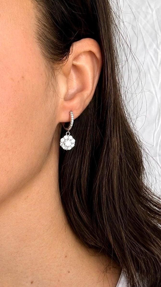 Moissanite Halo Drop Earrings, Sterling Silver Huggie Dangle, Cluster Diamond Alternative, Sparkly Statement Earrings