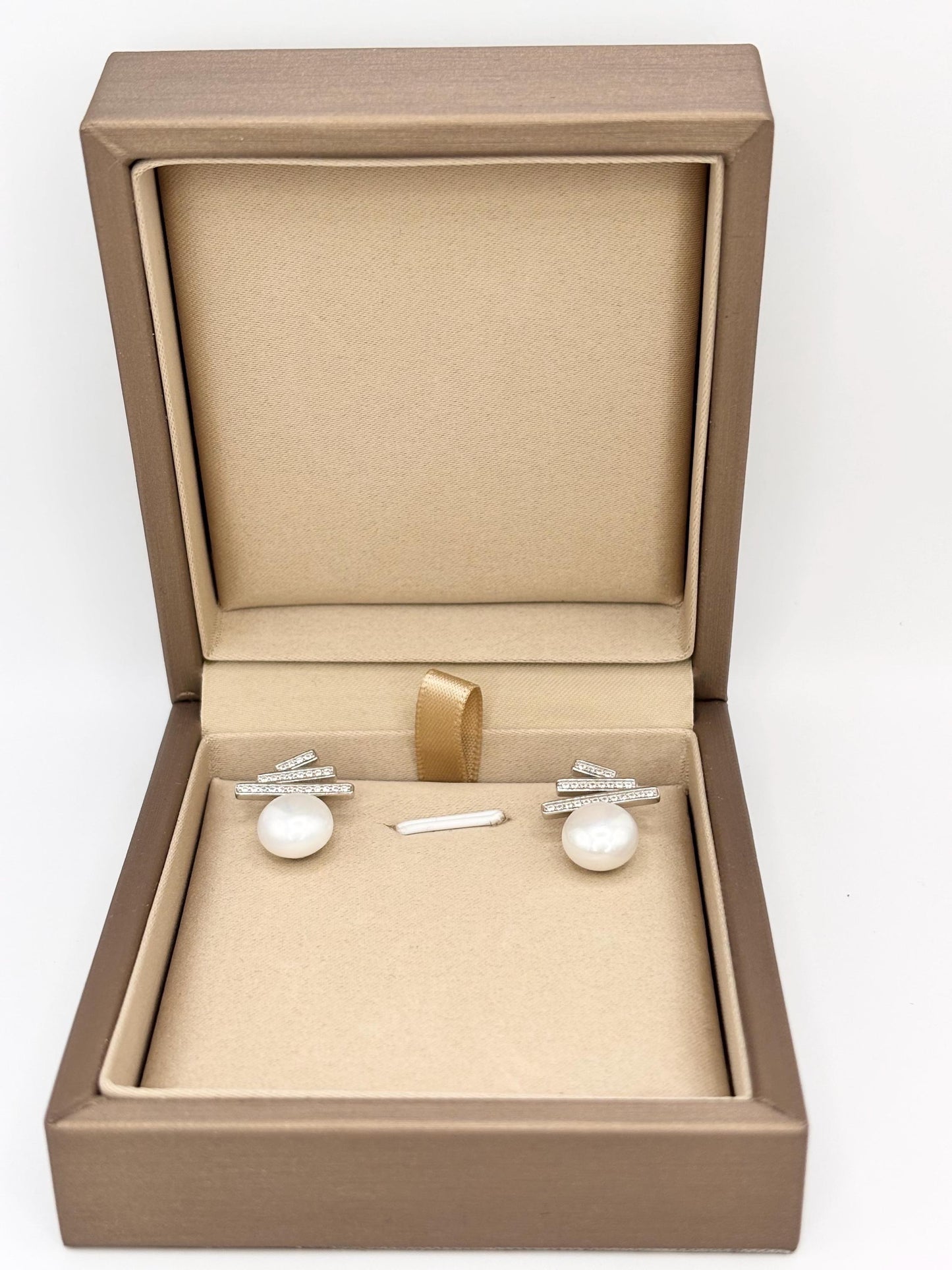 Freshwater Pearl Stud Earrings, 925 Sterling Silver, CZ Bar, Minimalist Elegant Jewelry