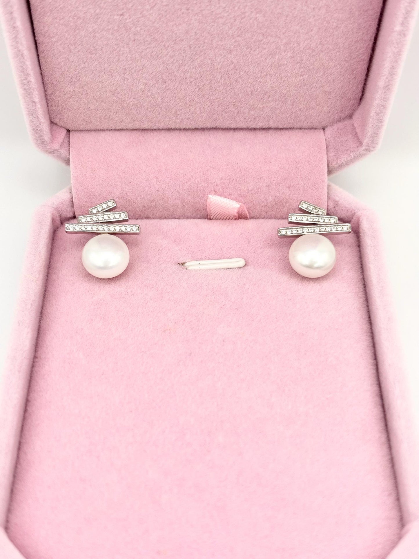 Freshwater Pearl Stud Earrings, 925 Sterling Silver, CZ Bar, Minimalist Elegant Jewelry