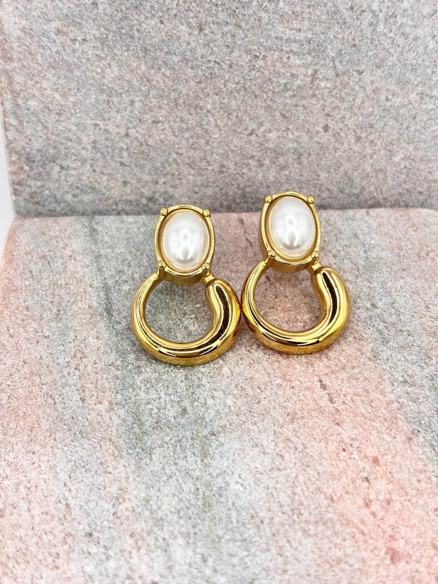 Gold Plated Baroque Pearl Stud Earrings, Textured Hoop Dangle Statement Jewelry