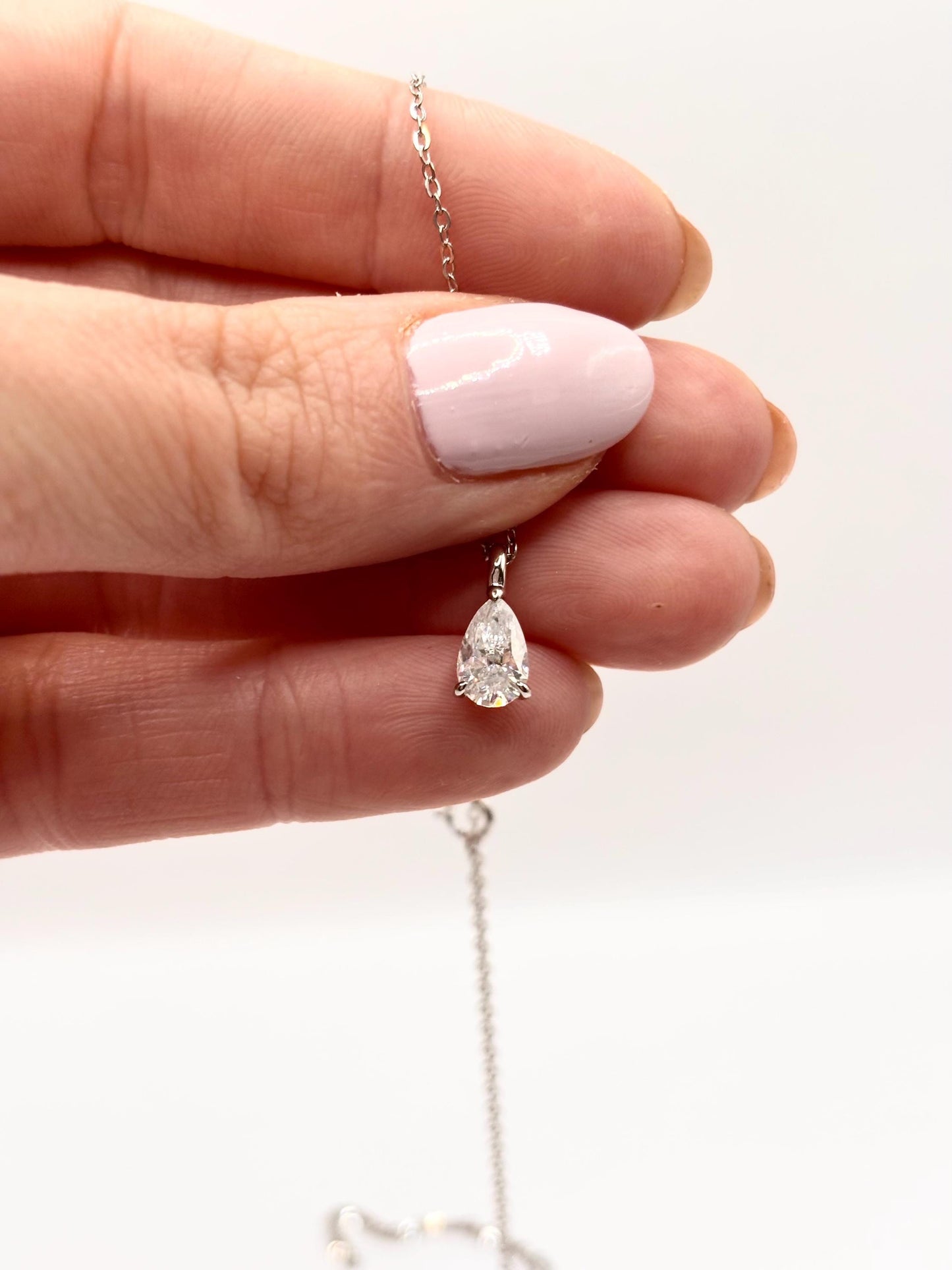 Dainty Pear Cut Moissanite Necklace, 5x8mm Teardrop Pendant, 18K White Gold Plated Sterling Silver