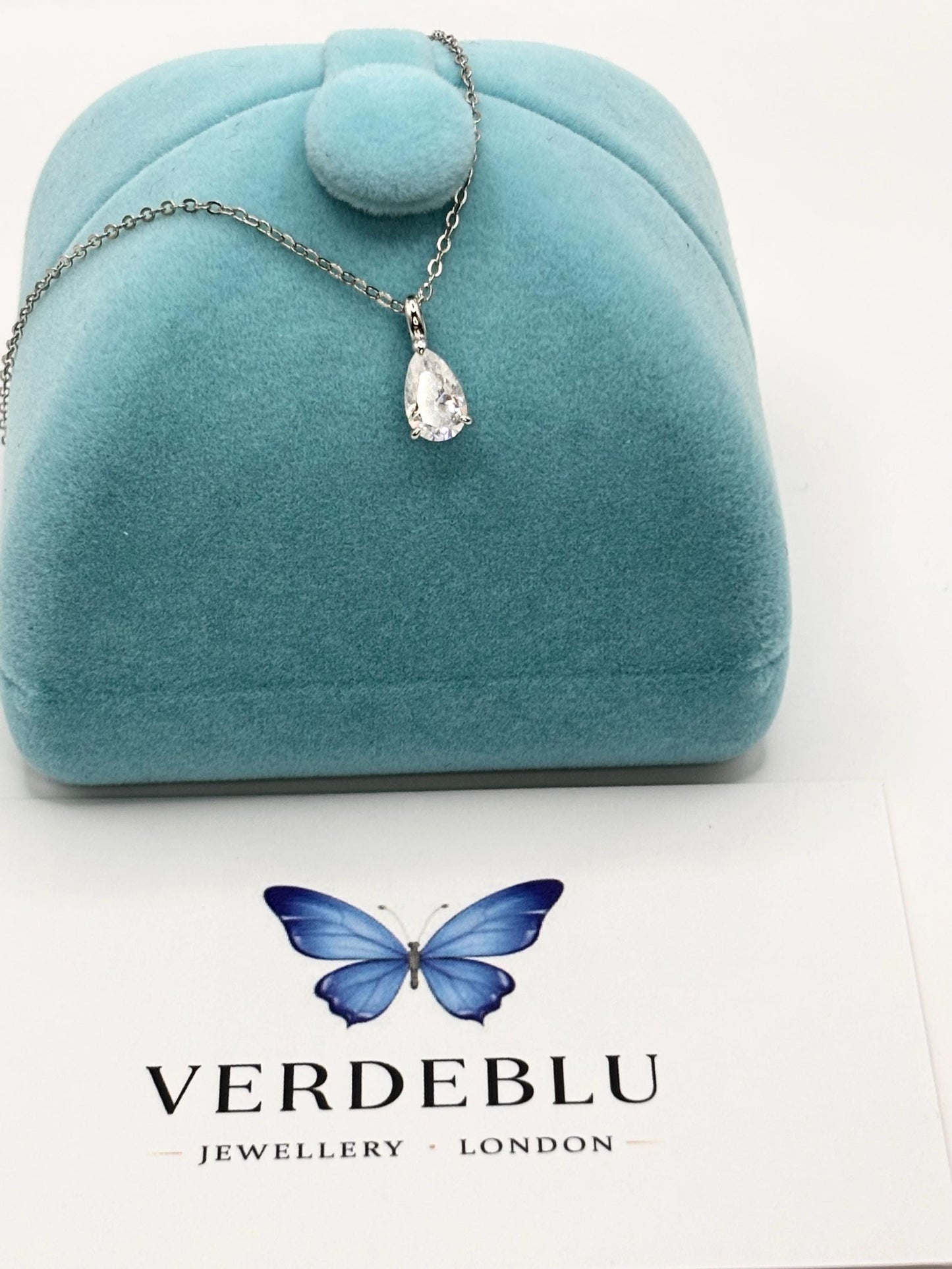 Dainty Pear Cut Moissanite Necklace, 5x8mm Teardrop Pendant, 18K White Gold Plated Sterling Silver