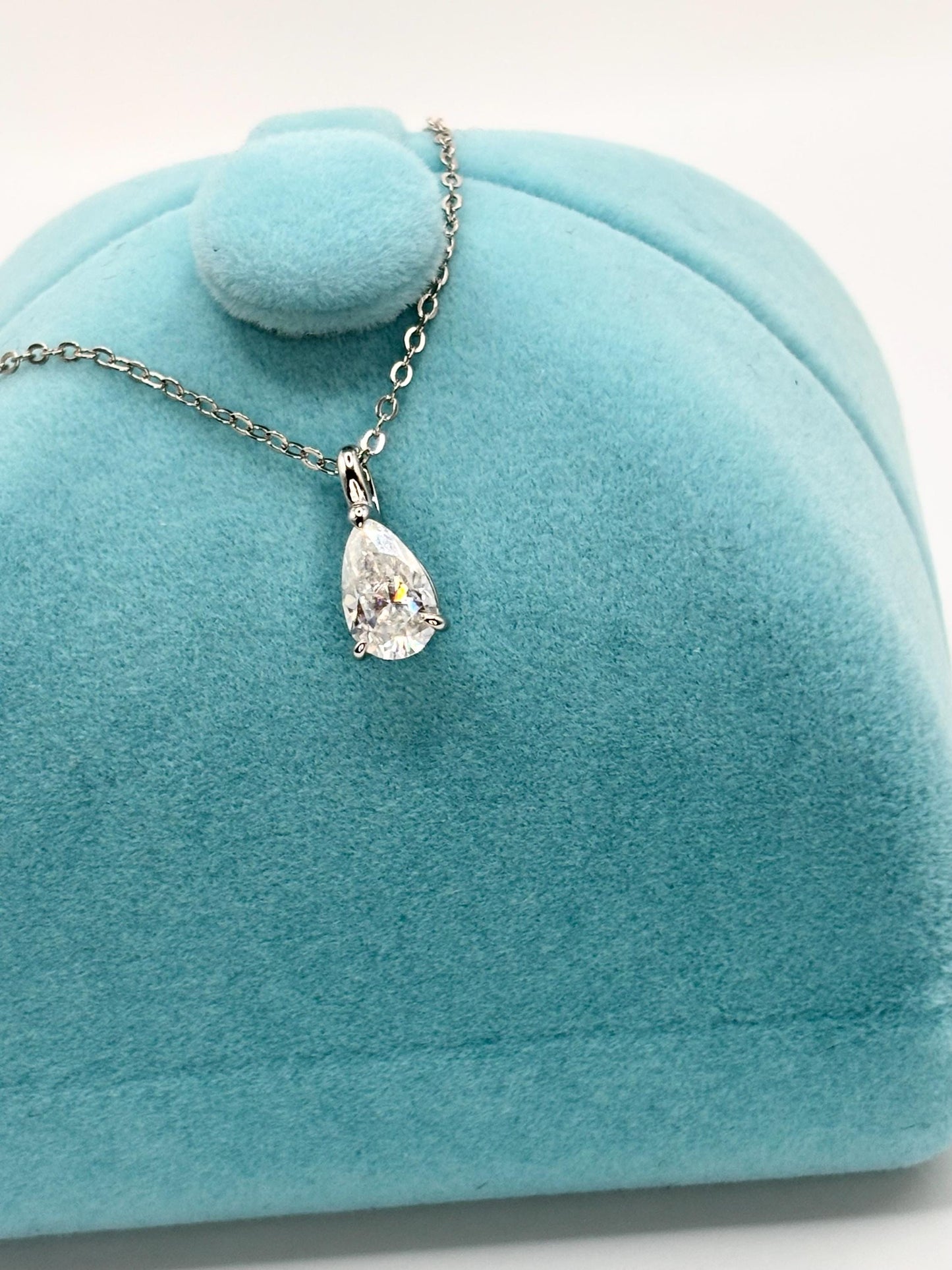 Dainty Pear Cut Moissanite Necklace, 5x8mm Teardrop Pendant, 18K White Gold Plated Sterling Silver