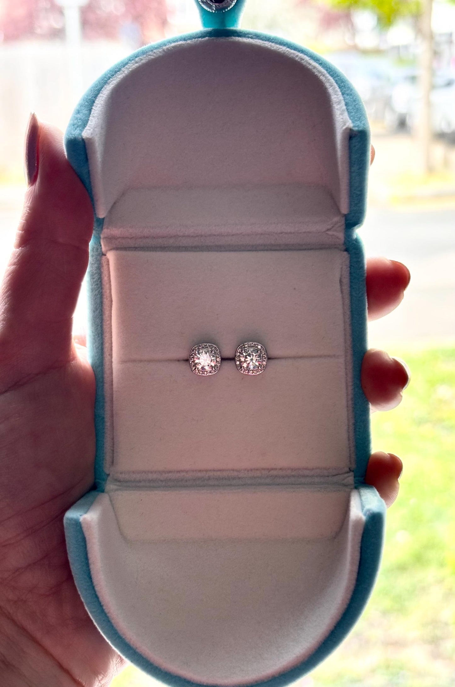 Cushion Cut Moissanite Halo Stud Earrings 1 Carat, Sterling Silver Diamond Alternative Bridal Earrings