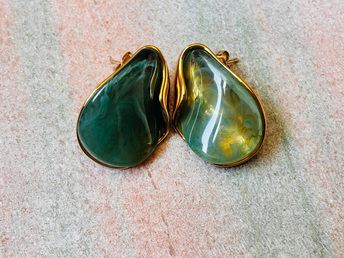 Gold Plated Green Resin Stud Earrings, Organic Marble Effect, Minimalist Statement Jewelry
