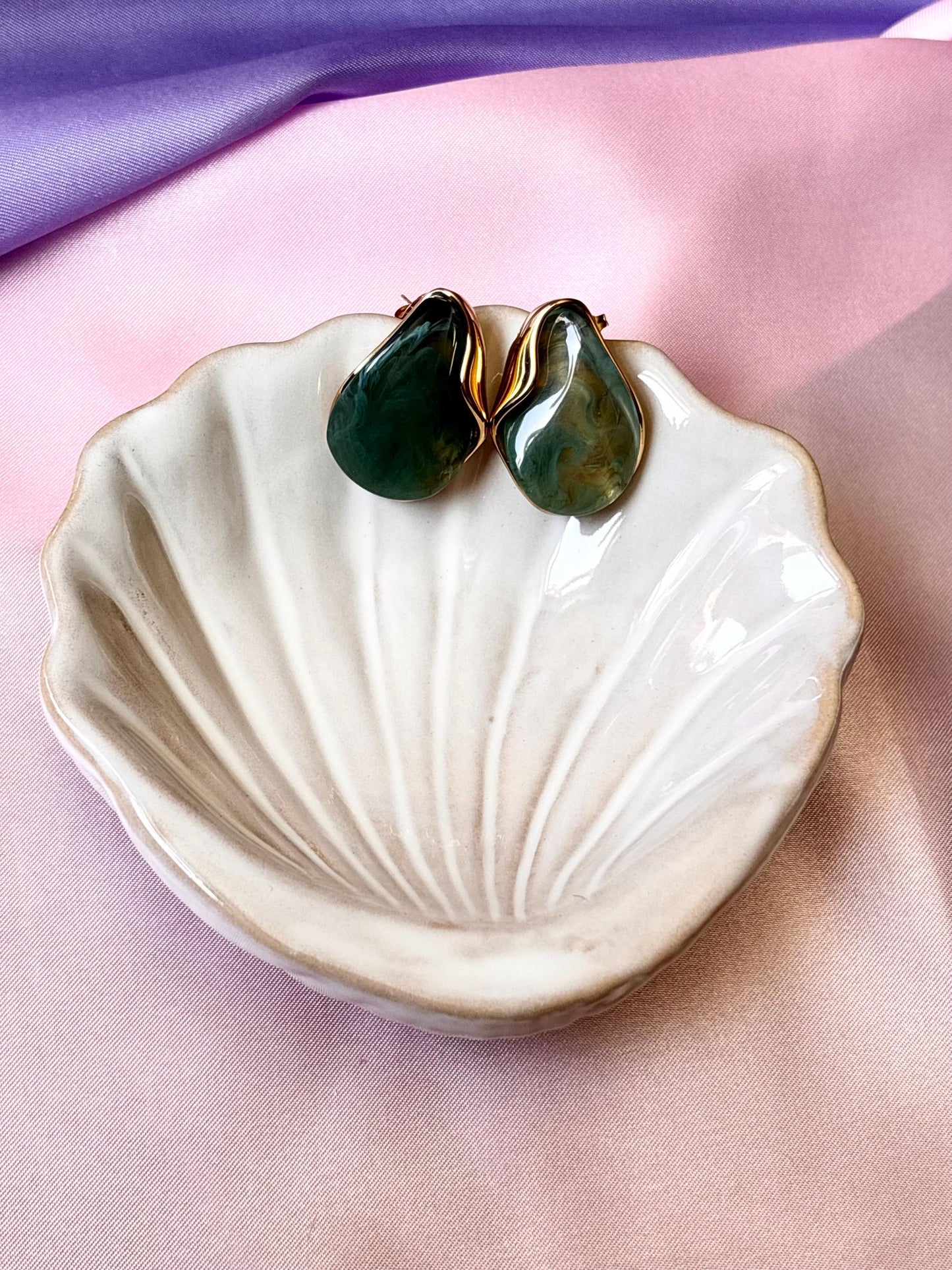 Gold Plated Green Resin Stud Earrings, Organic Marble Effect, Minimalist Statement Jewelry