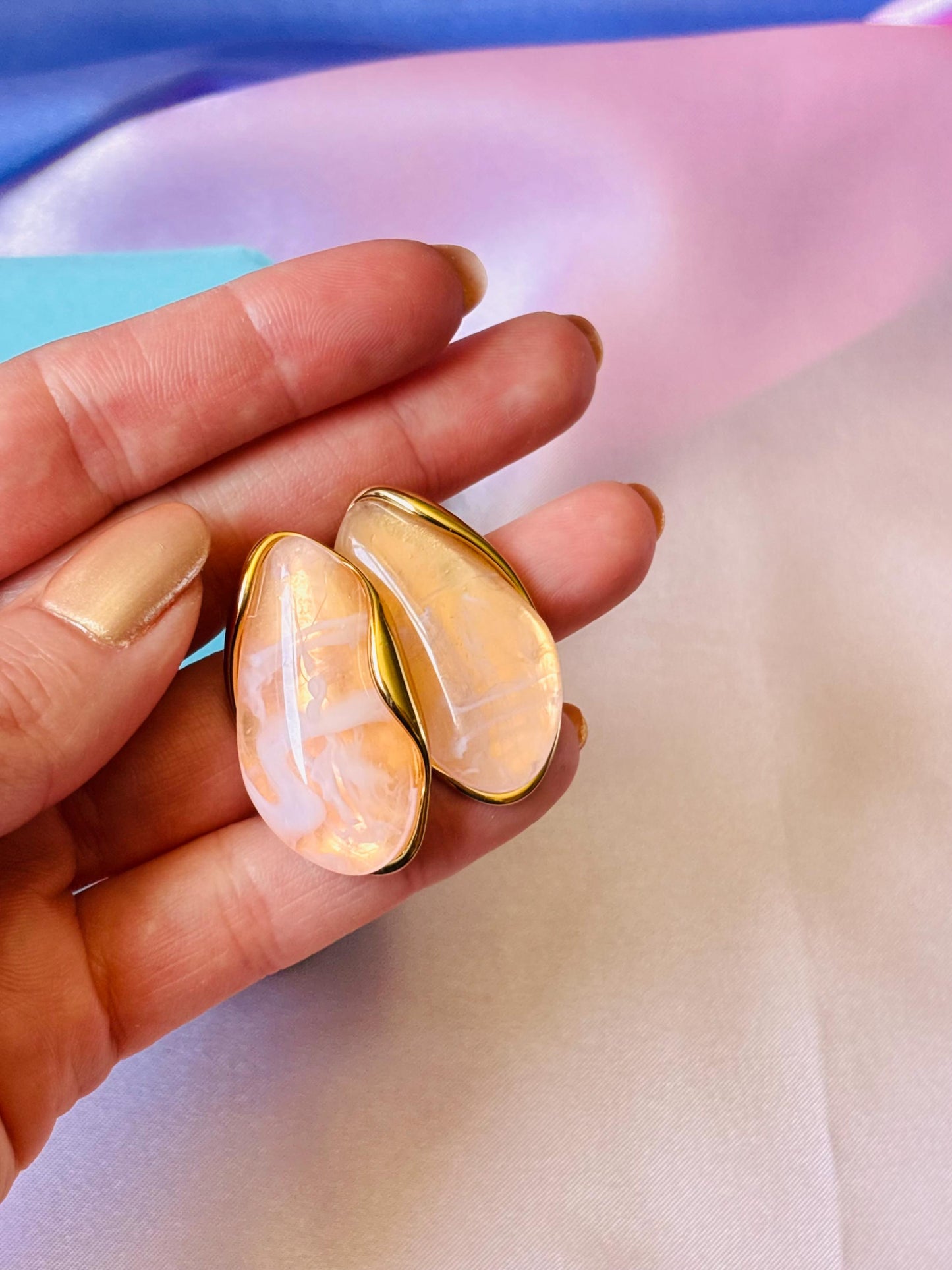 Gold Plated Pink Marbled Resin Oval Stud Earrings, Blush Statement Jewellery