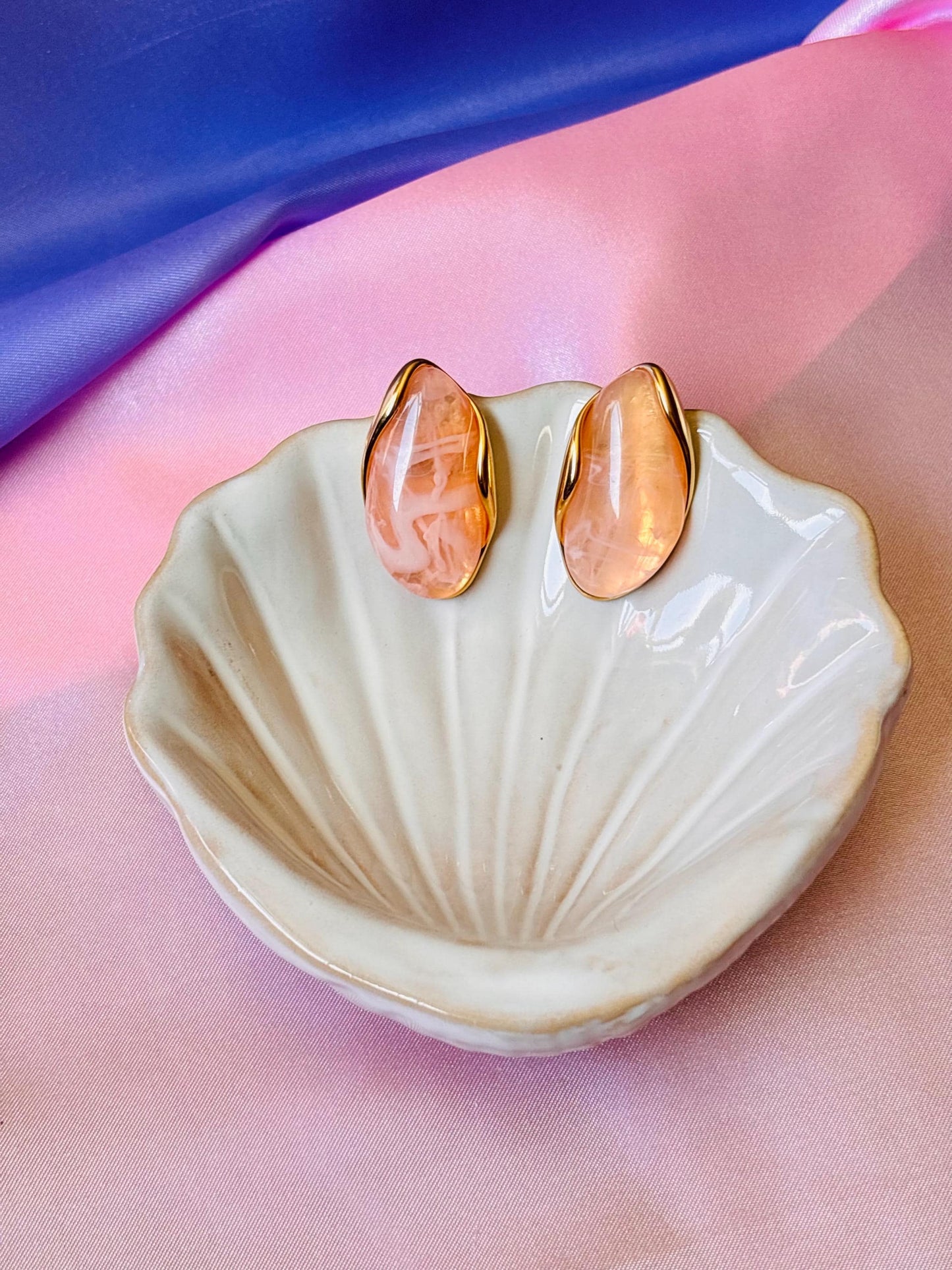 Gold Plated Pink Marbled Resin Oval Stud Earrings, Blush Statement Jewellery
