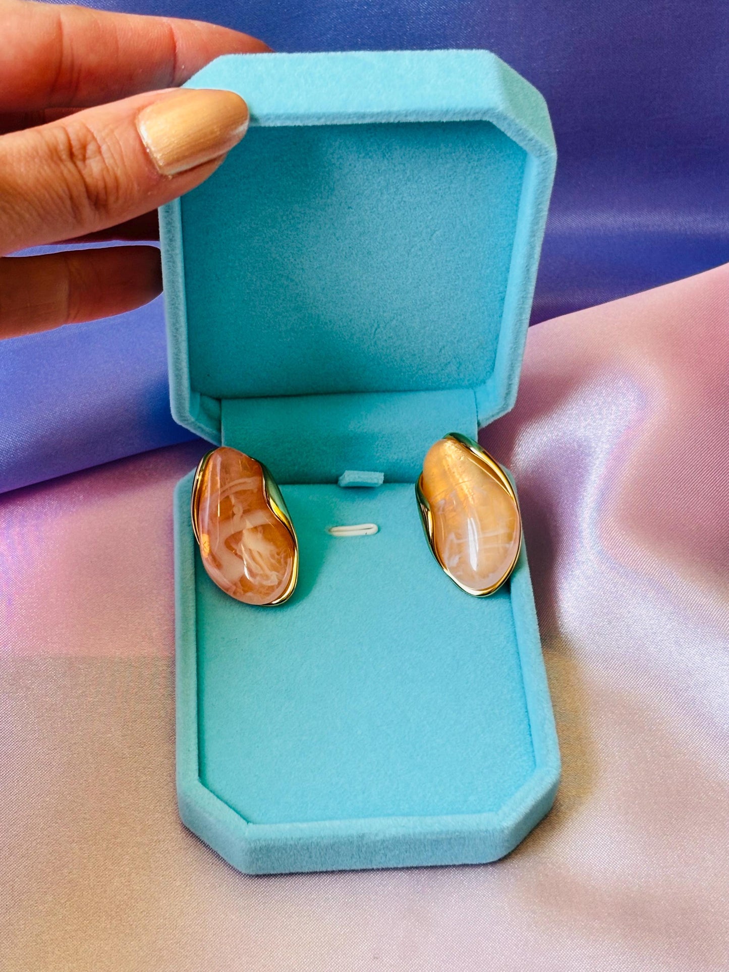 Gold Plated Pink Marbled Resin Oval Stud Earrings, Blush Statement Jewellery