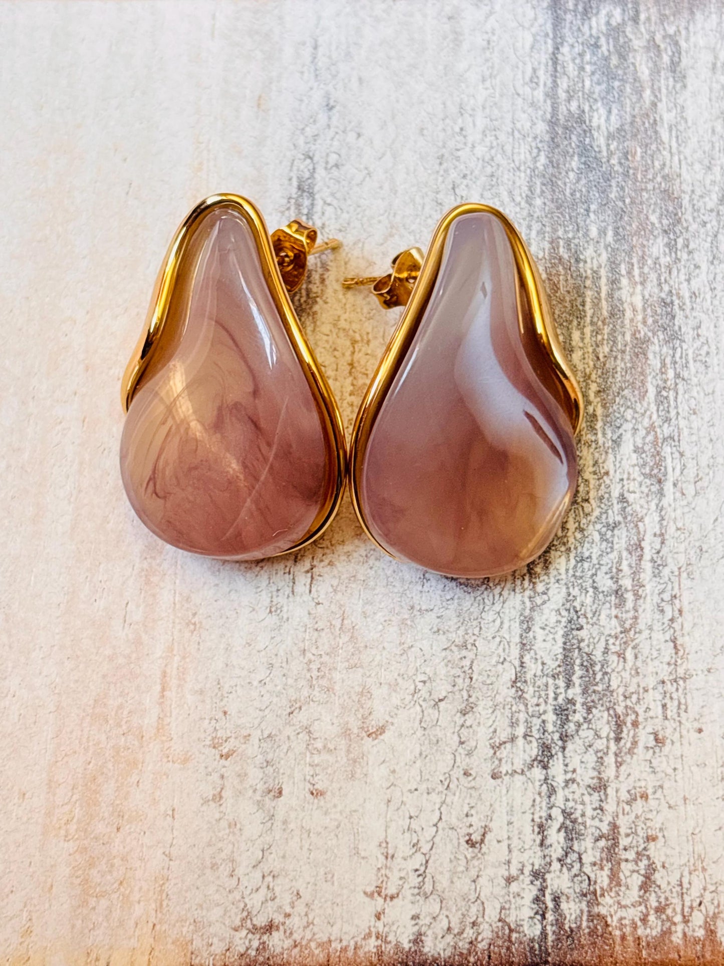 Gold Plated Marbled Resin Stud Earrings, Amber Brown Organic Sculptural Jewelry