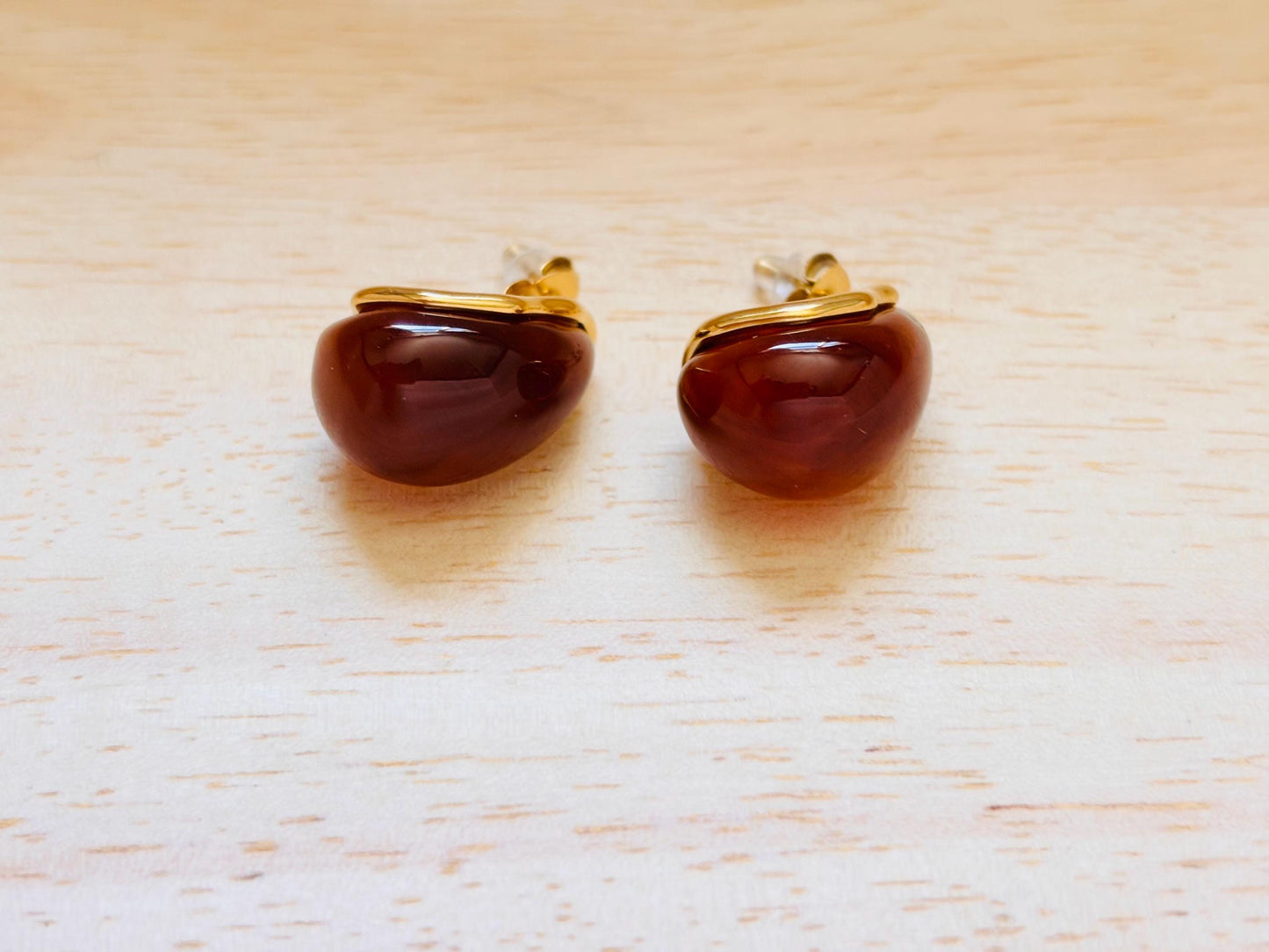 Gold Plated Amber Marbled Resin Oval Stud Earrings, Organic Jewelry