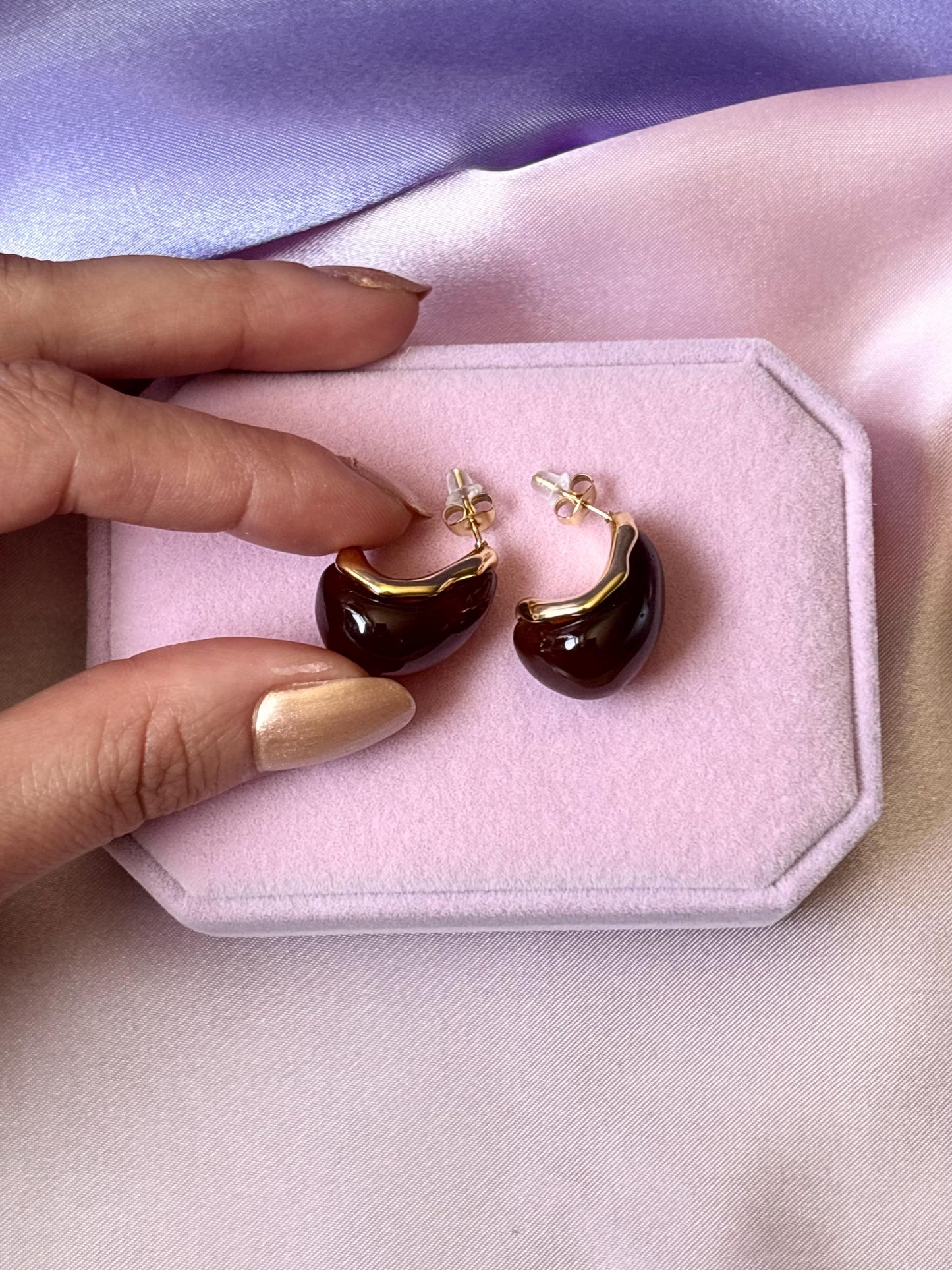 Gold Plated Amber Marbled Resin Oval Stud Earrings, Organic Jewelry