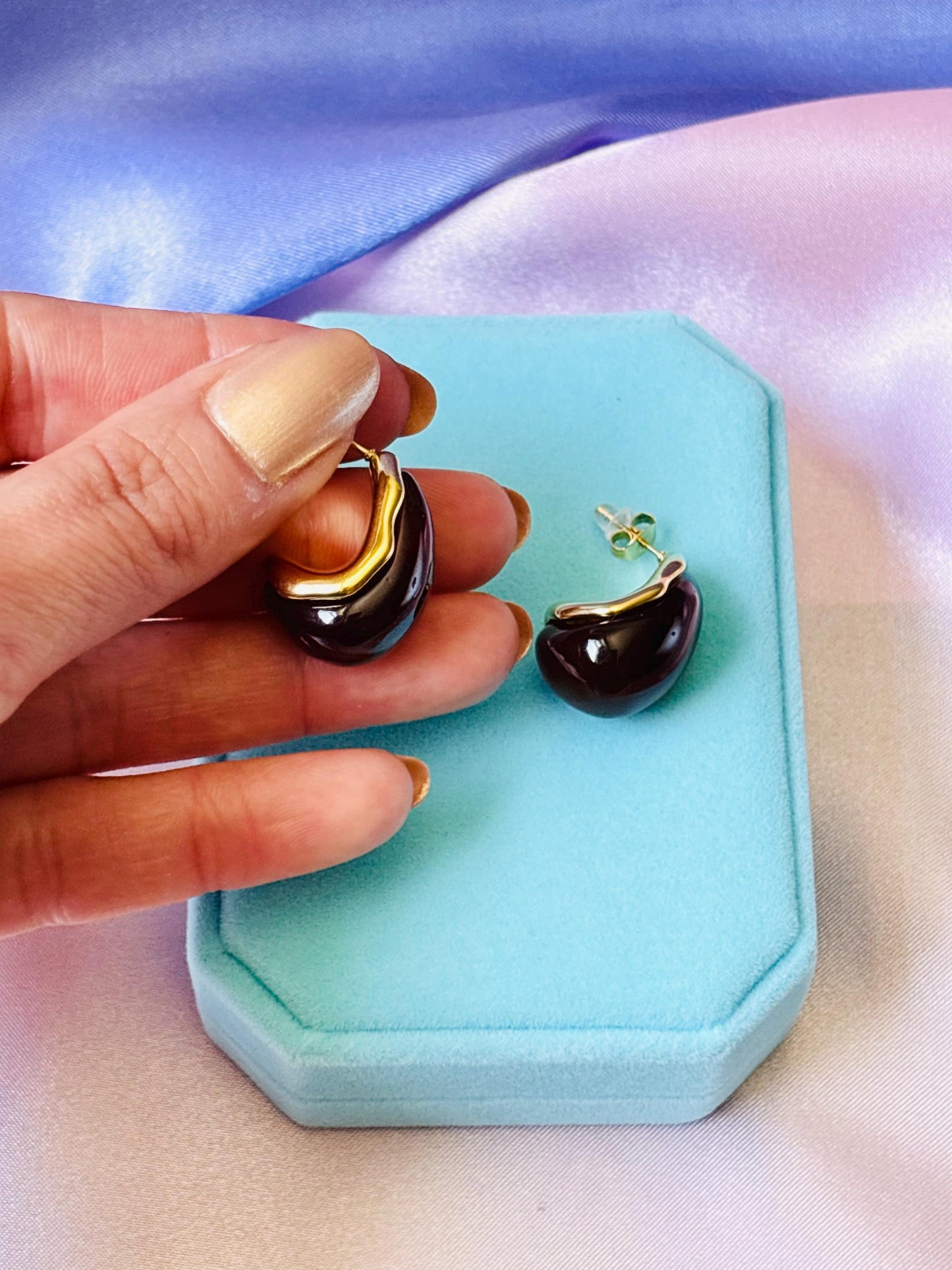Gold Plated Amber Marbled Resin Oval Stud Earrings, Organic Jewelry