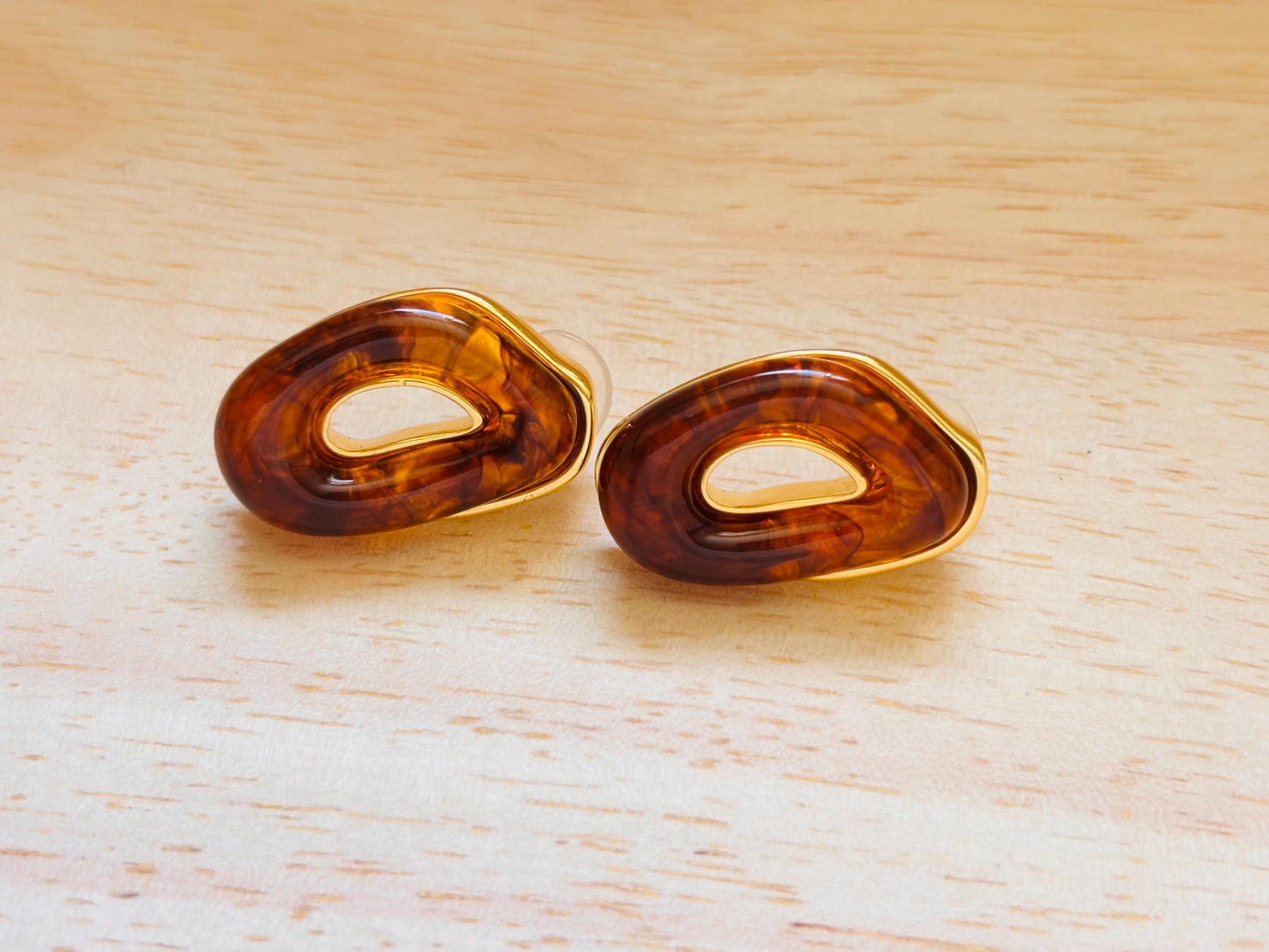 Gold Plated Amber Resin Cut-Out Stud Earrings, Sculptural Statement Earrings, Organic Modern Design