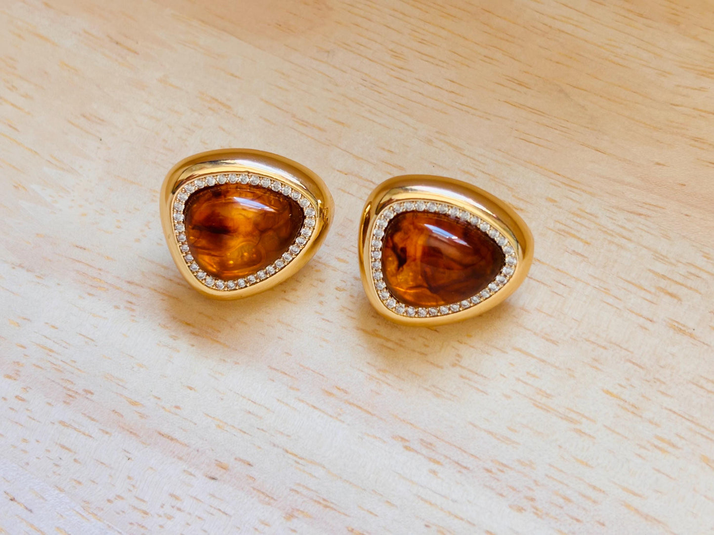 Gold Plated Amber Resin Stud Earrings with Crystal Detail, Vintage Inspired Statement Studs