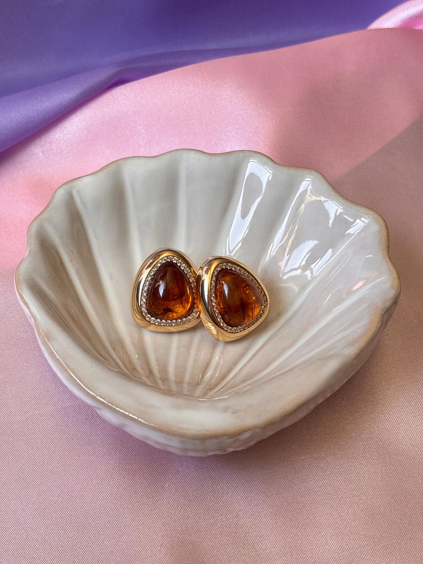 Gold Plated Amber Resin Stud Earrings with Crystal Detail, Vintage Inspired Statement Studs