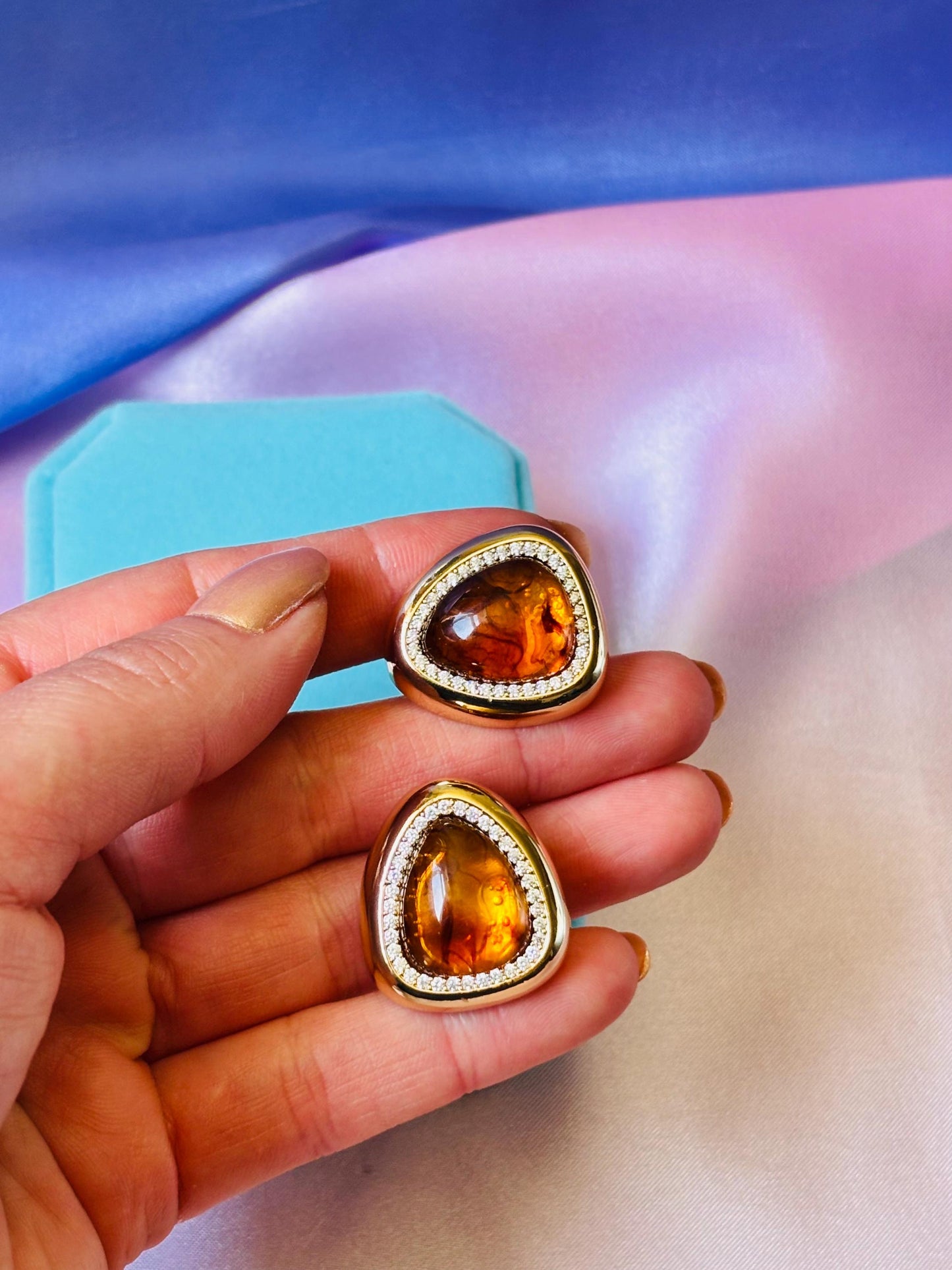Gold Plated Amber Resin Stud Earrings with Crystal Detail, Vintage Inspired Statement Studs