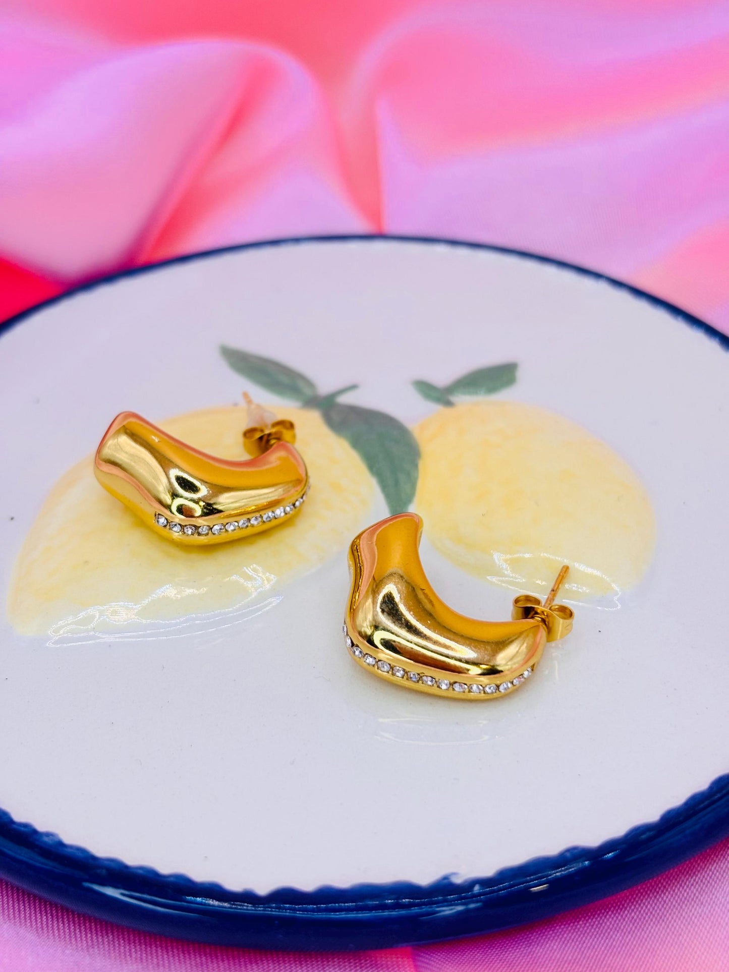 Gold Plated Curved Statement Stud Earrings with Crystal Accent – Sculptural Modern Gold Jewellery