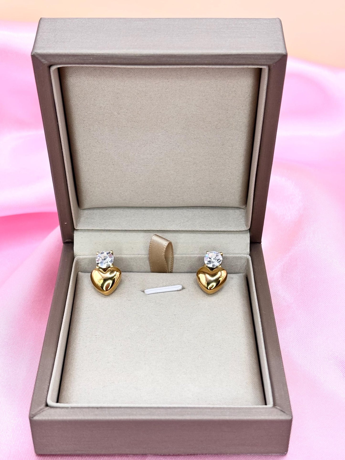Gold Heart Stud Earrings with Crystal – Polished Gold Plated Minimalist Studs