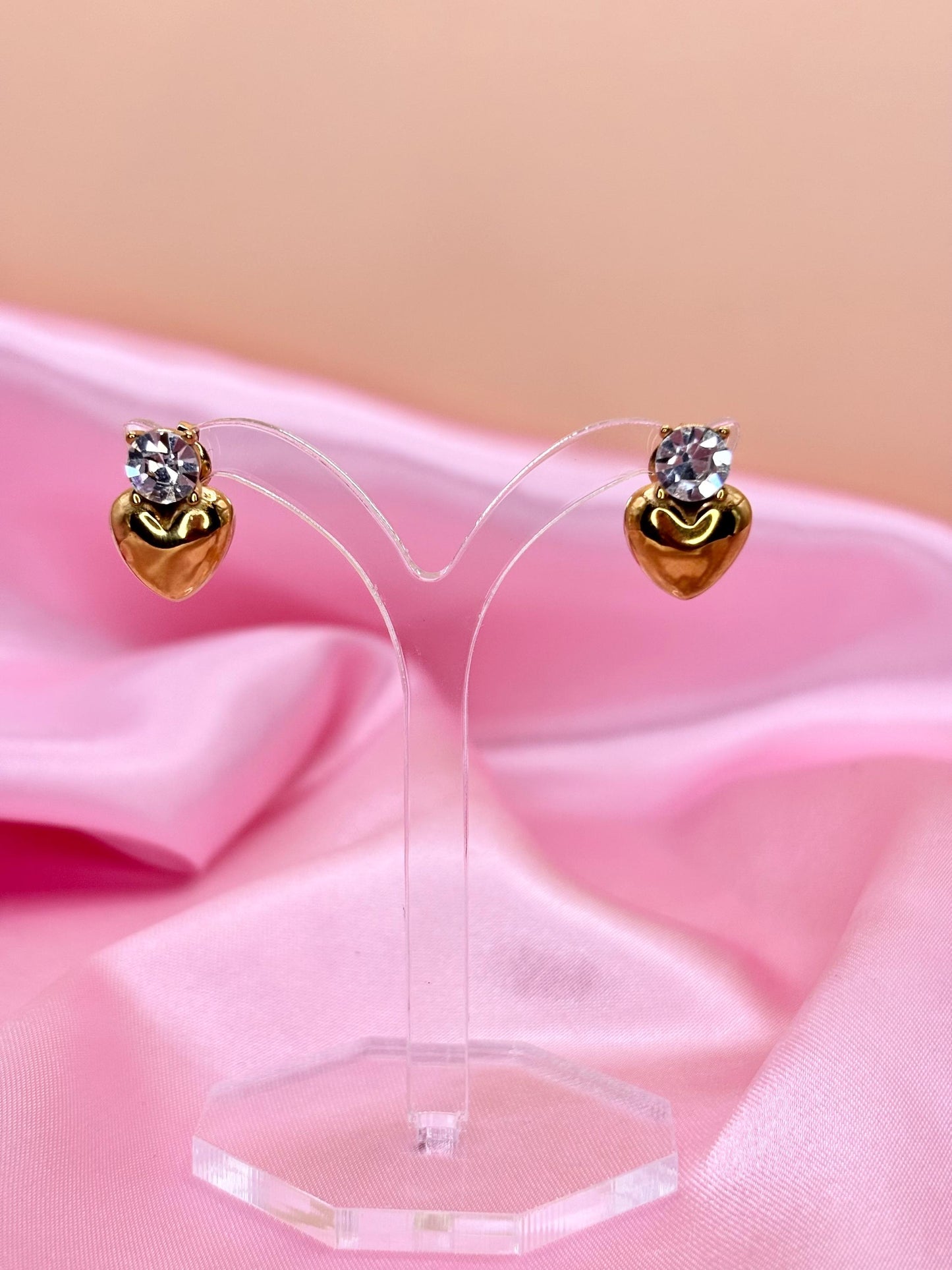 Gold Heart Stud Earrings with Crystal – Polished Gold Plated Minimalist Studs