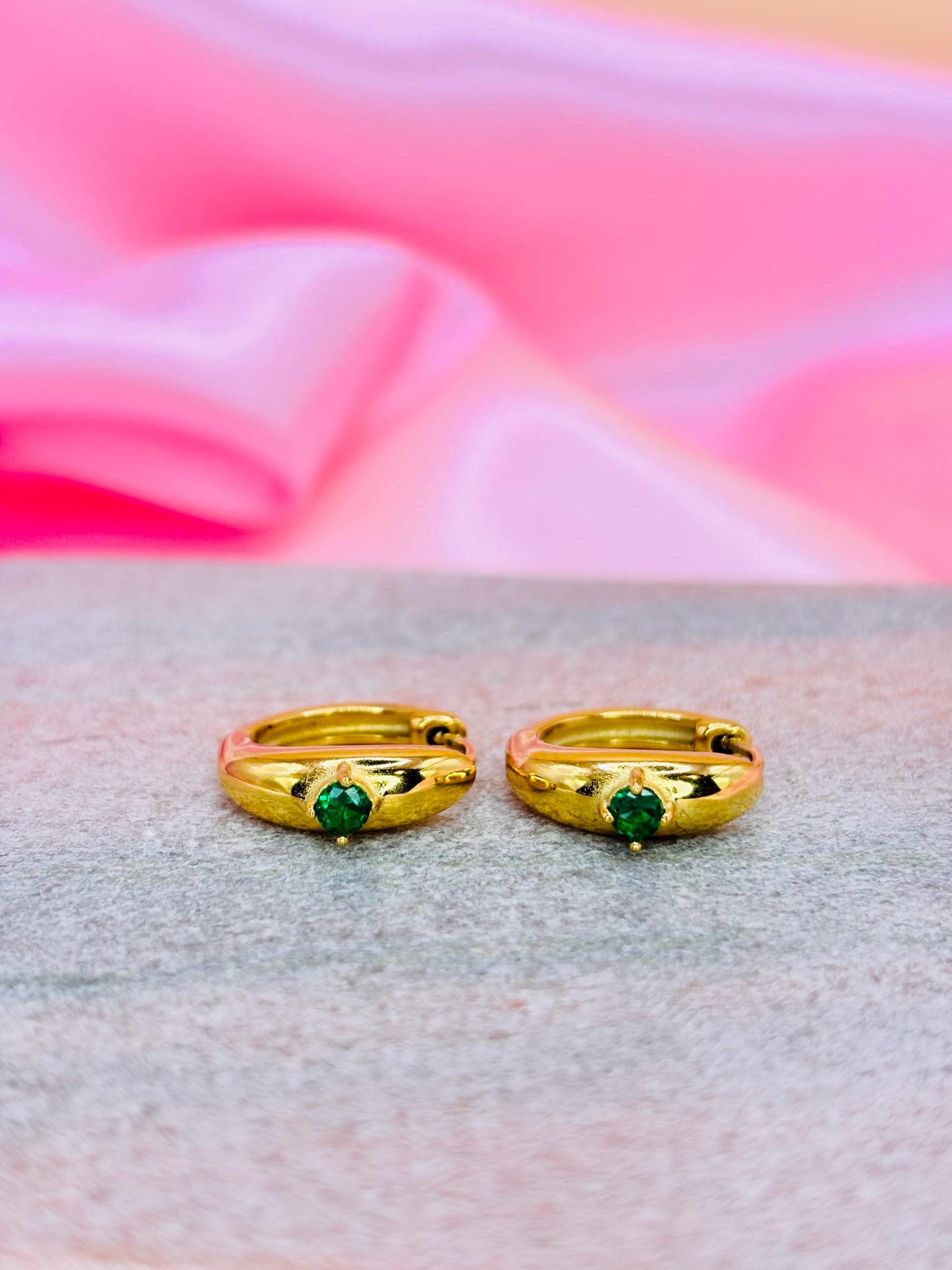 Green CZ Gold Huggie Hoop Earrings – Minimal Gold Plated Hoops with Emerald Tone Stone