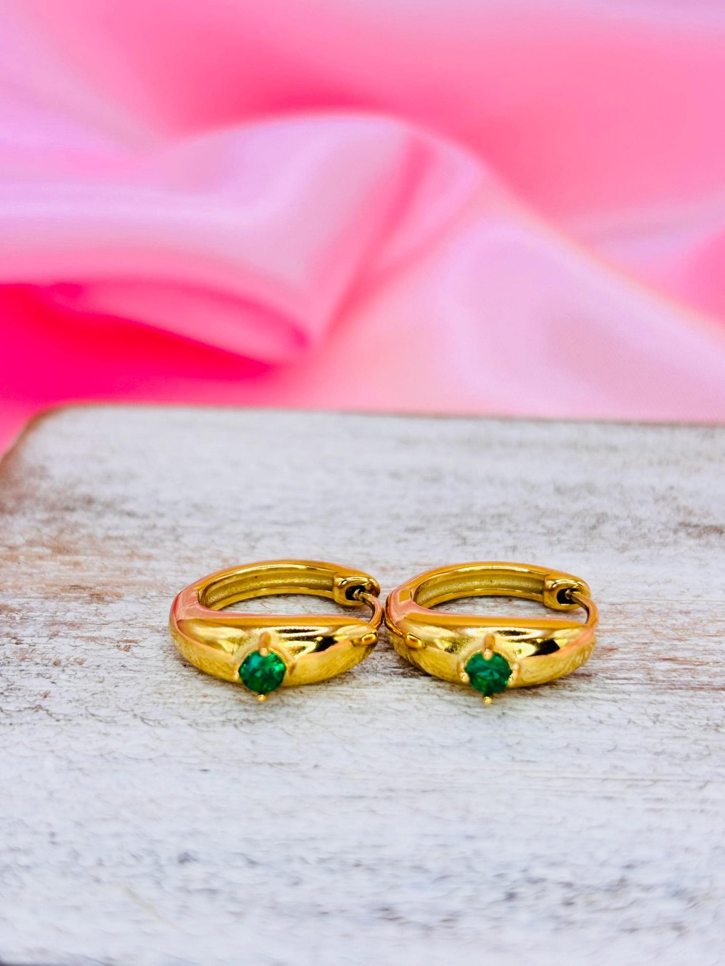 Green CZ Gold Huggie Hoop Earrings – Minimal Gold Plated Hoops with Emerald Tone Stone