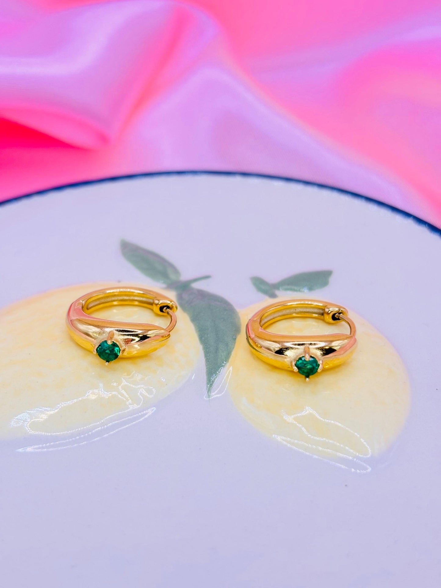 Green CZ Gold Huggie Hoop Earrings – Minimal Gold Plated Hoops with Emerald Tone Stone