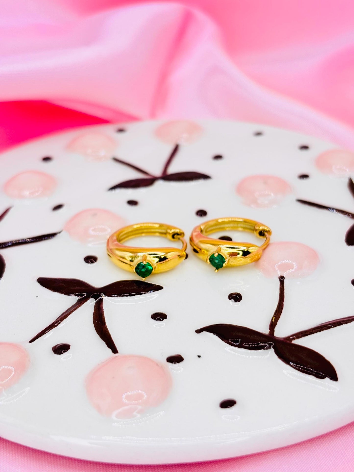 Green CZ Gold Huggie Hoop Earrings – Minimal Gold Plated Hoops with Emerald Tone Stone