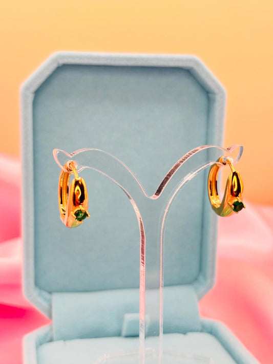 Green CZ Gold Huggie Hoop Earrings – Minimal Gold Plated Hoops with Emerald Tone Stone
