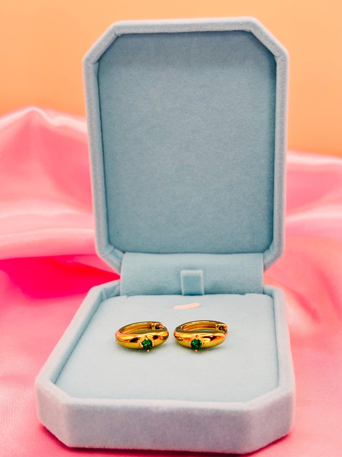 Green CZ Gold Huggie Hoop Earrings – Minimal Gold Plated Hoops with Emerald Tone Stone