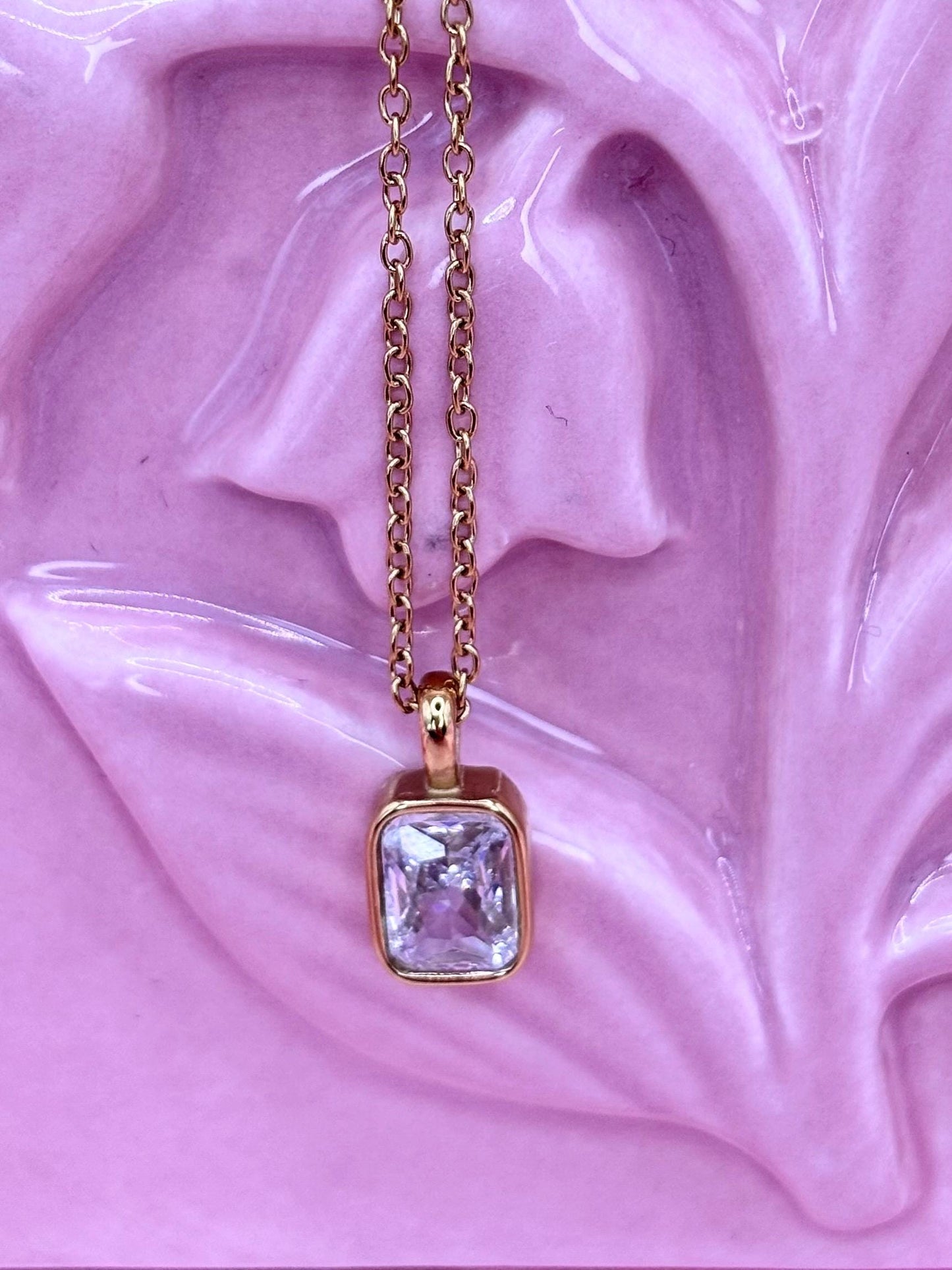 Gold Rectangular CZ Pendant Necklace, Dainty Minimalist Gold Chain, Everyday Jewellery Gift for Her