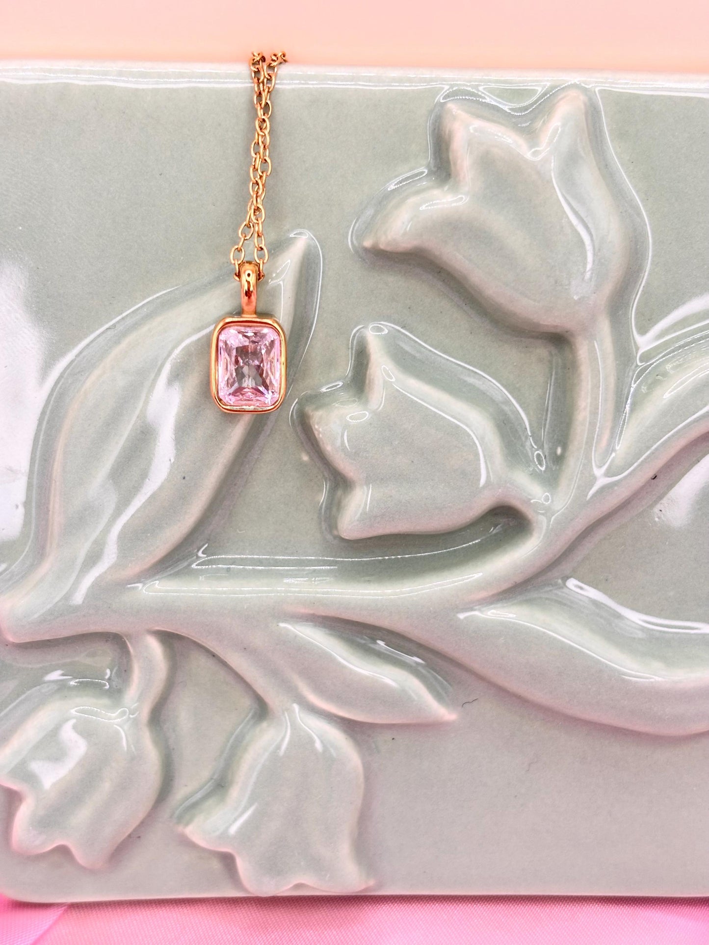 Gold Rectangular CZ Pendant Necklace, Dainty Minimalist Gold Chain, Everyday Jewellery Gift for Her