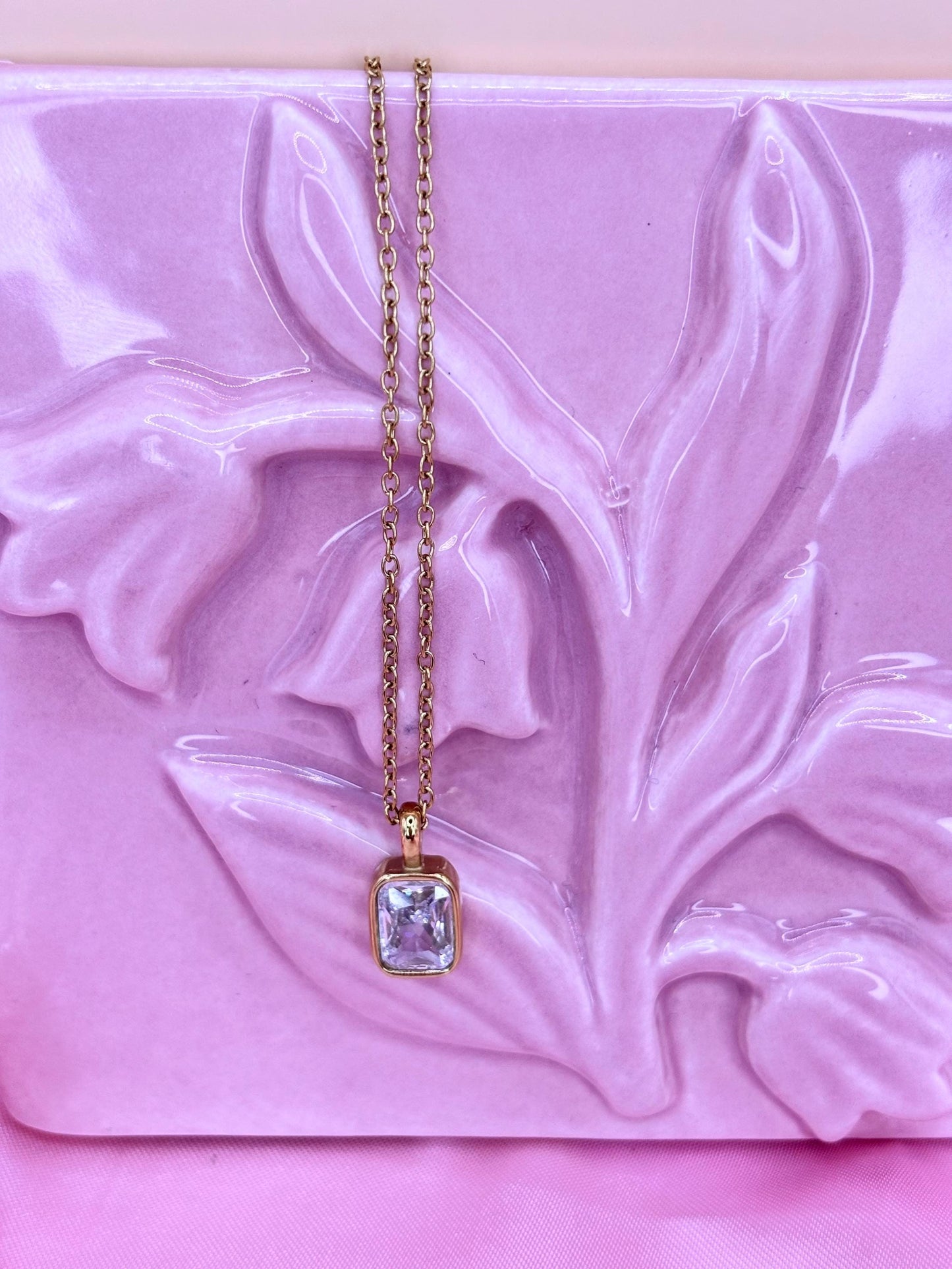 Gold Rectangular CZ Pendant Necklace, Dainty Minimalist Gold Chain, Everyday Jewellery Gift for Her