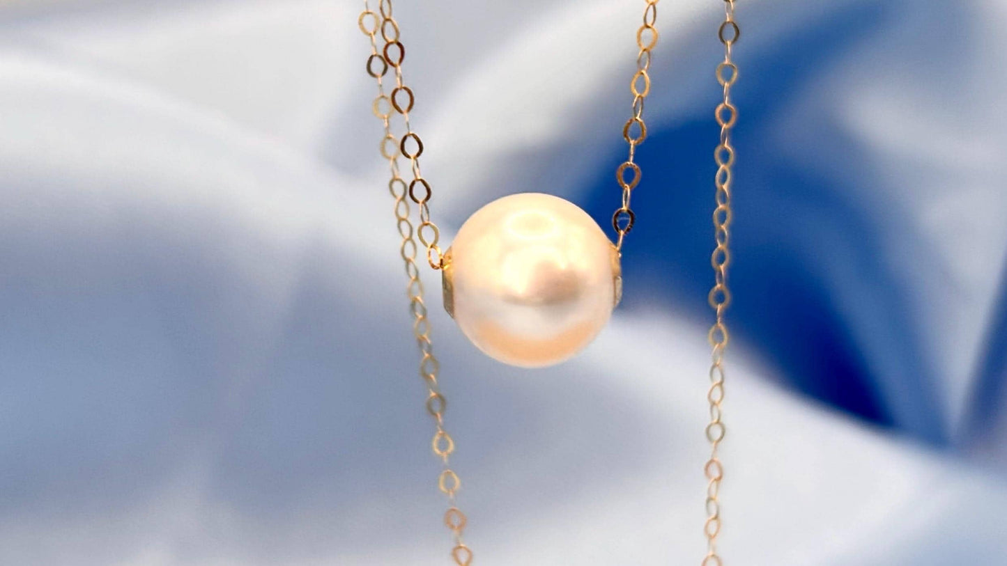 18K Solid Gold Floating Pearl Necklace, Minimalist Freshwater Pendant, Hallmarked Fine Jewelry