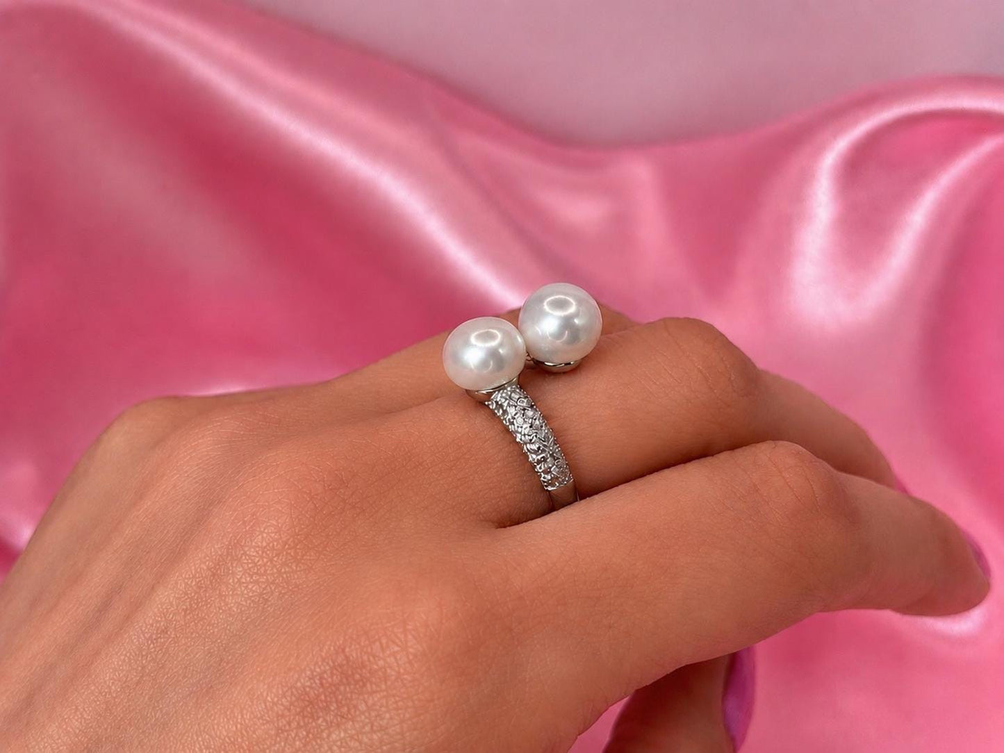 Double Freshwater Pearl Open Ring – Sterling Silver, Cubic Zirconia, Minimalist Statement Jewelry