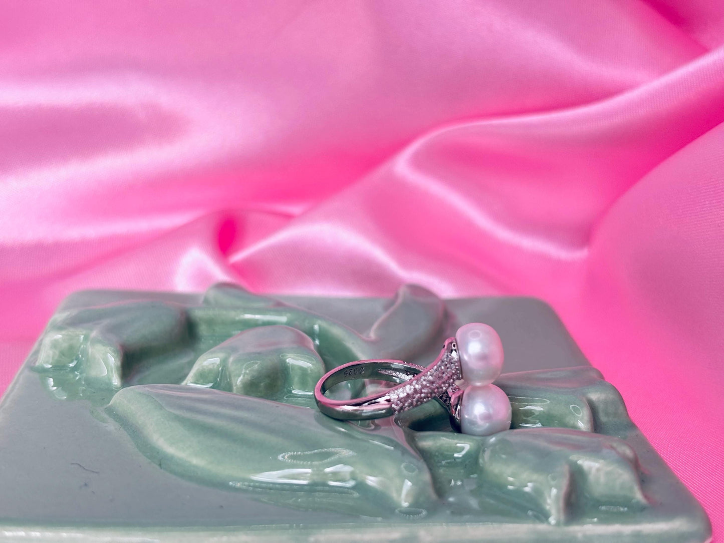 Double Freshwater Pearl Open Ring – Sterling Silver, Cubic Zirconia, Minimalist Statement Jewelry