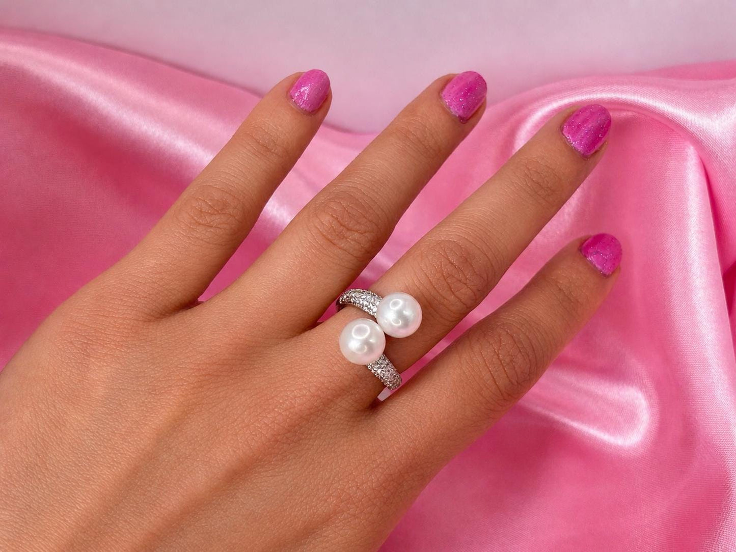 Double Freshwater Pearl Open Ring – Sterling Silver, Cubic Zirconia, Minimalist Statement Jewelry