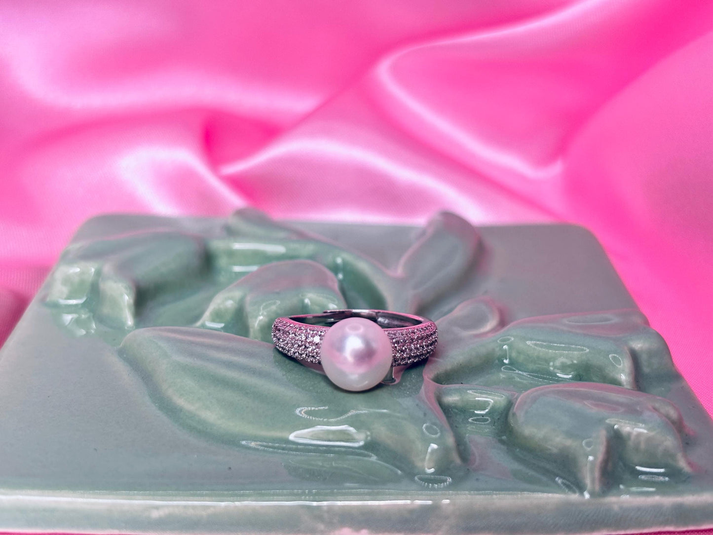 Freshwater Pearl Ring with CZ – Sterling Silver Pavé Band, Adjustable Elegant Jewelry