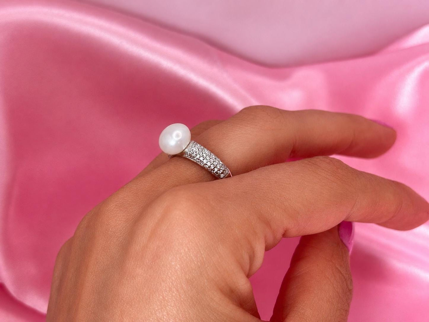 Freshwater Pearl Ring with CZ – Sterling Silver Pavé Band, Adjustable Elegant Jewelry