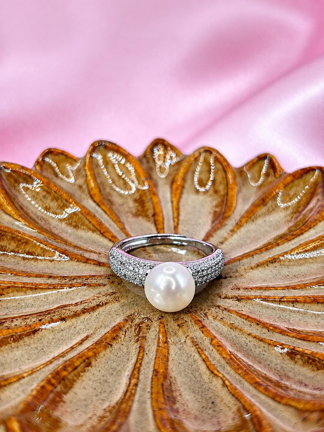 Freshwater Pearl Ring with CZ – Sterling Silver Pavé Band, Adjustable Elegant Jewelry