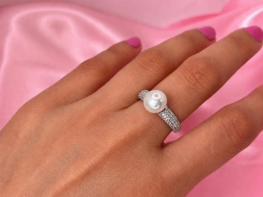 Freshwater Pearl Ring with CZ – Sterling Silver Pavé Band, Adjustable Elegant Jewelry