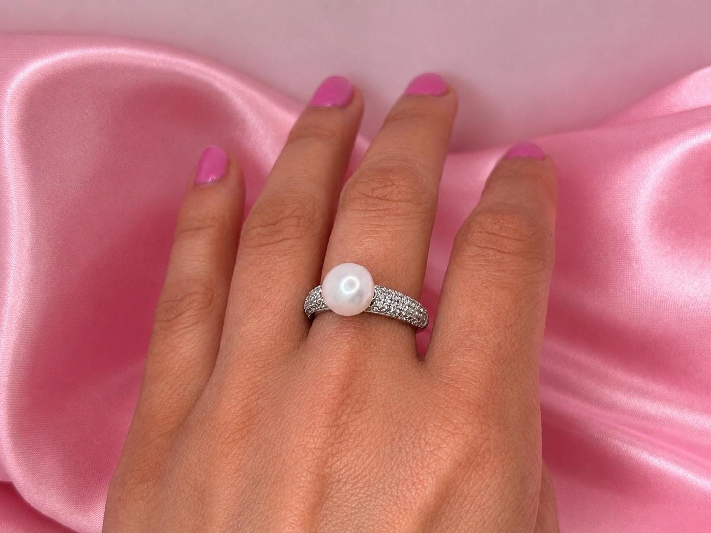 Freshwater Pearl Ring with CZ – Sterling Silver Pavé Band, Adjustable Elegant Jewelry
