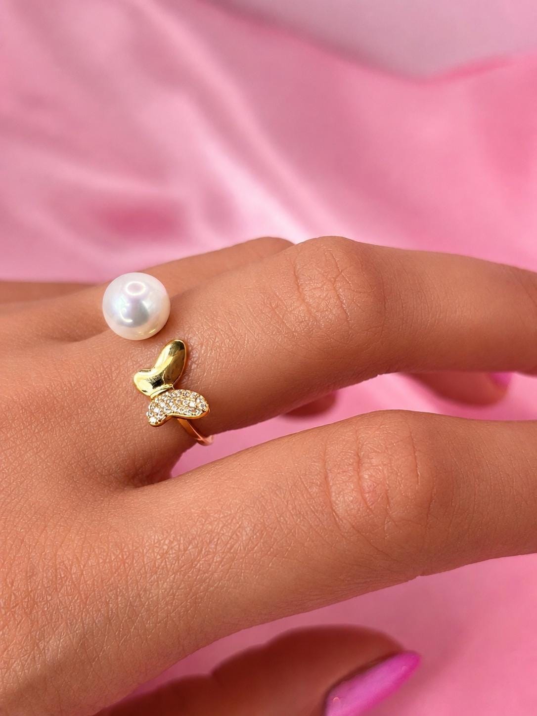 Freshwater Pearl Butterfly Ring, 18K Gold Plated Sterling Silver, CZ Pave Open Band