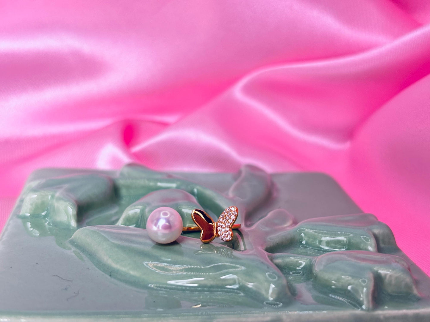 Freshwater Pearl Butterfly Ring, 18K Gold Plated Sterling Silver, CZ Pave Open Band