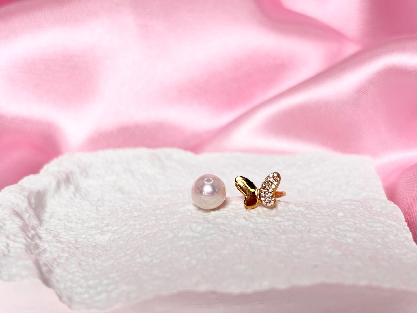 Freshwater Pearl Butterfly Ring, 18K Gold Plated Sterling Silver, CZ Pave Open Band