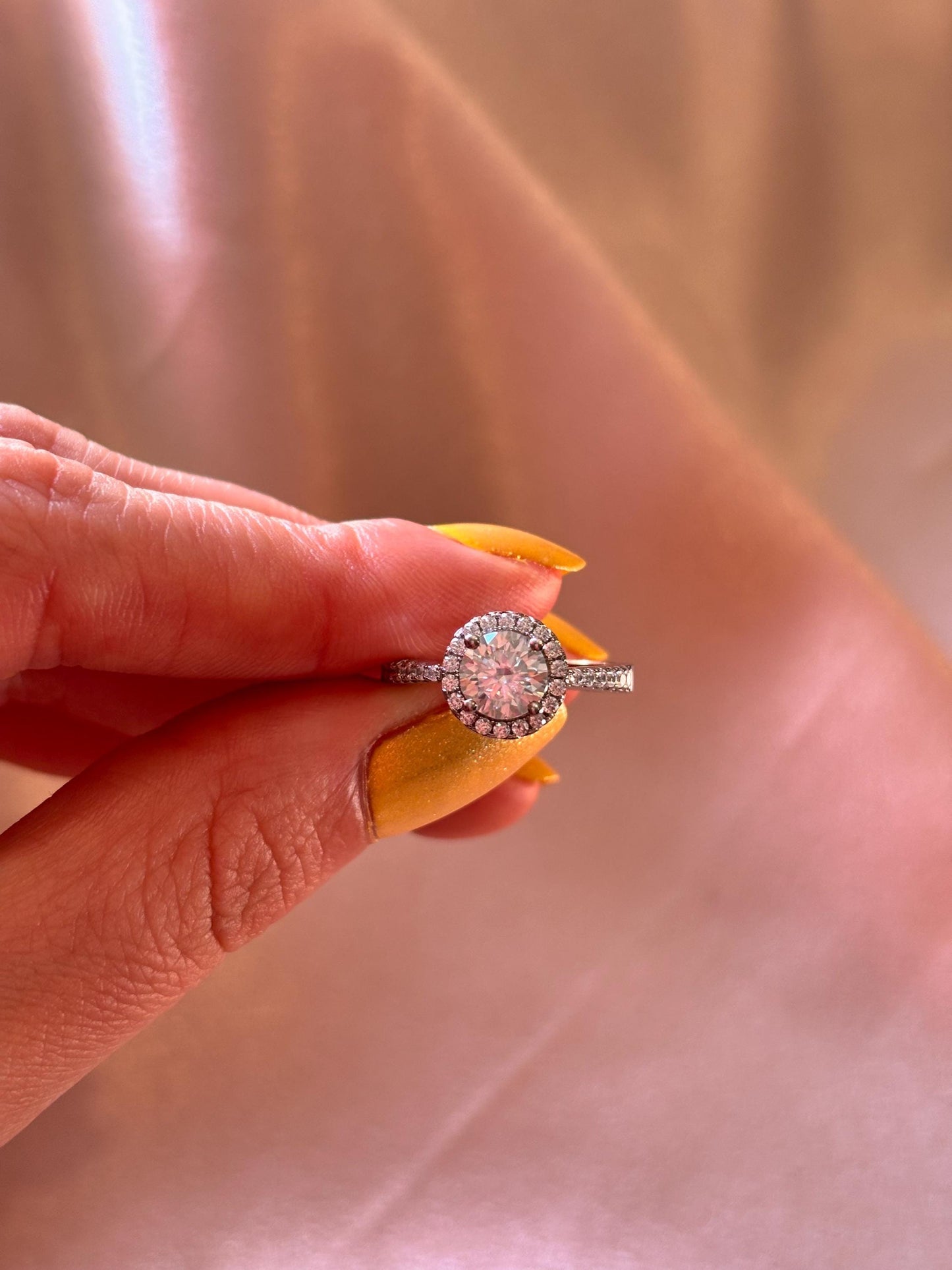 Halo Moissanite engagement Ring. 1 Carat Sterling Silver Bridal Jewelry. Lab Grown Diamond Alternative
