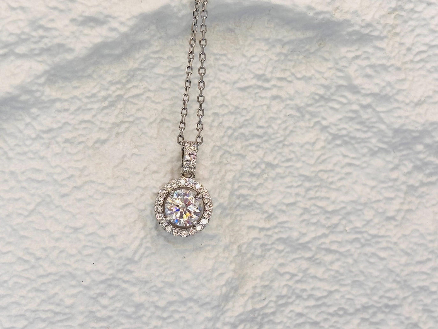 1 Carat Moissanite Halo Necklace, Dainty Everyday Pendant, 18K White Gold Plated Silver Gift